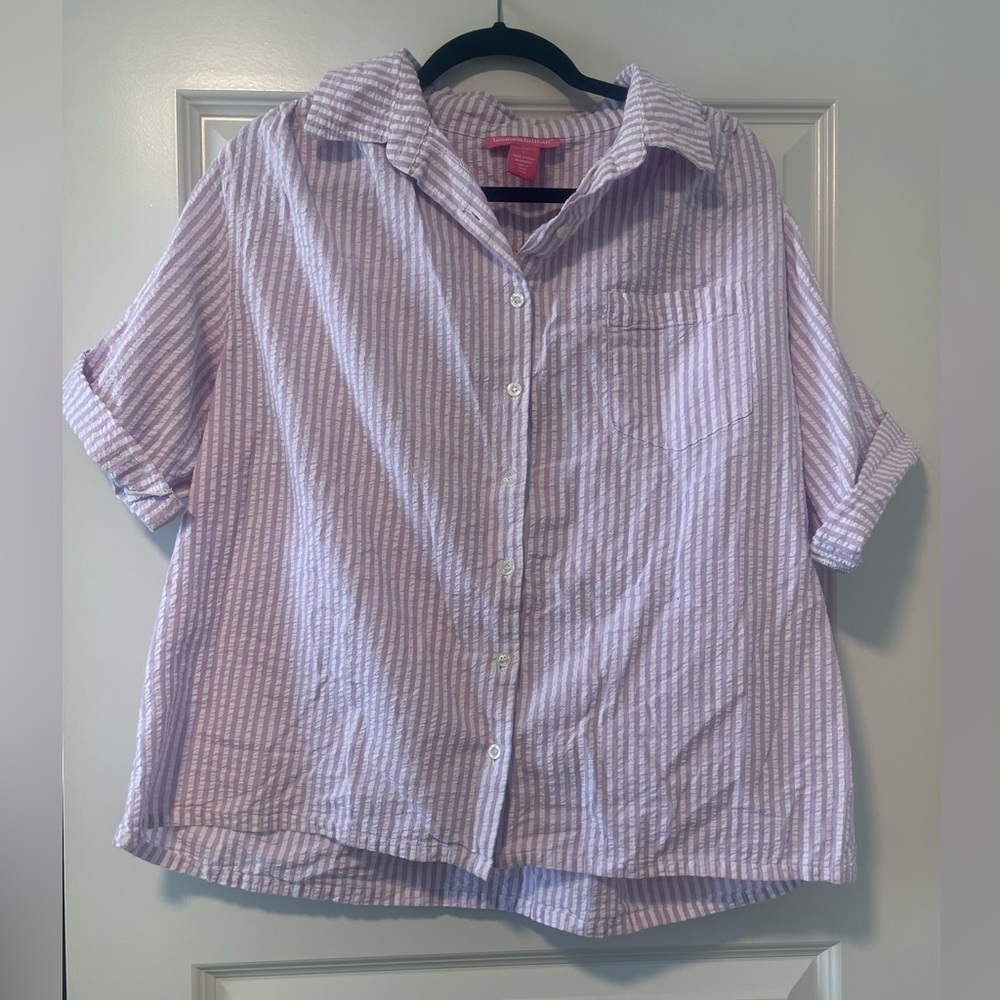 Woman Within Lavender Striped Button-Down Shirt